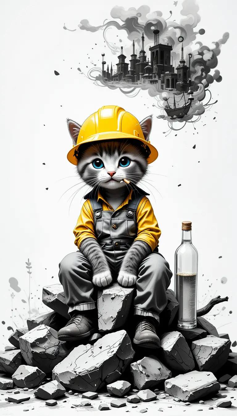 Anthropomorphic kitten in construction gear on rocks