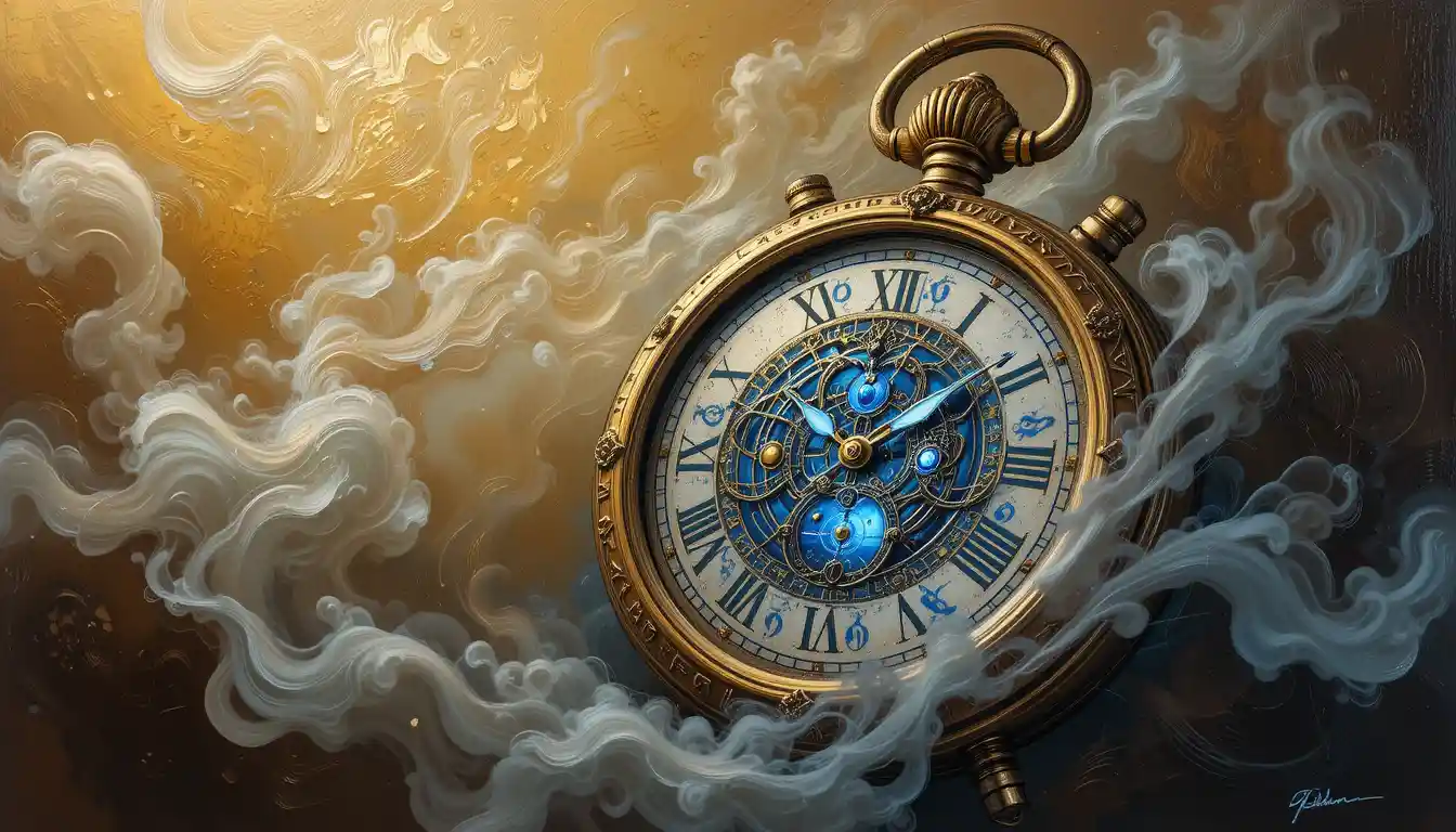 Vintage golden stopwatch with mystical blue glowing script