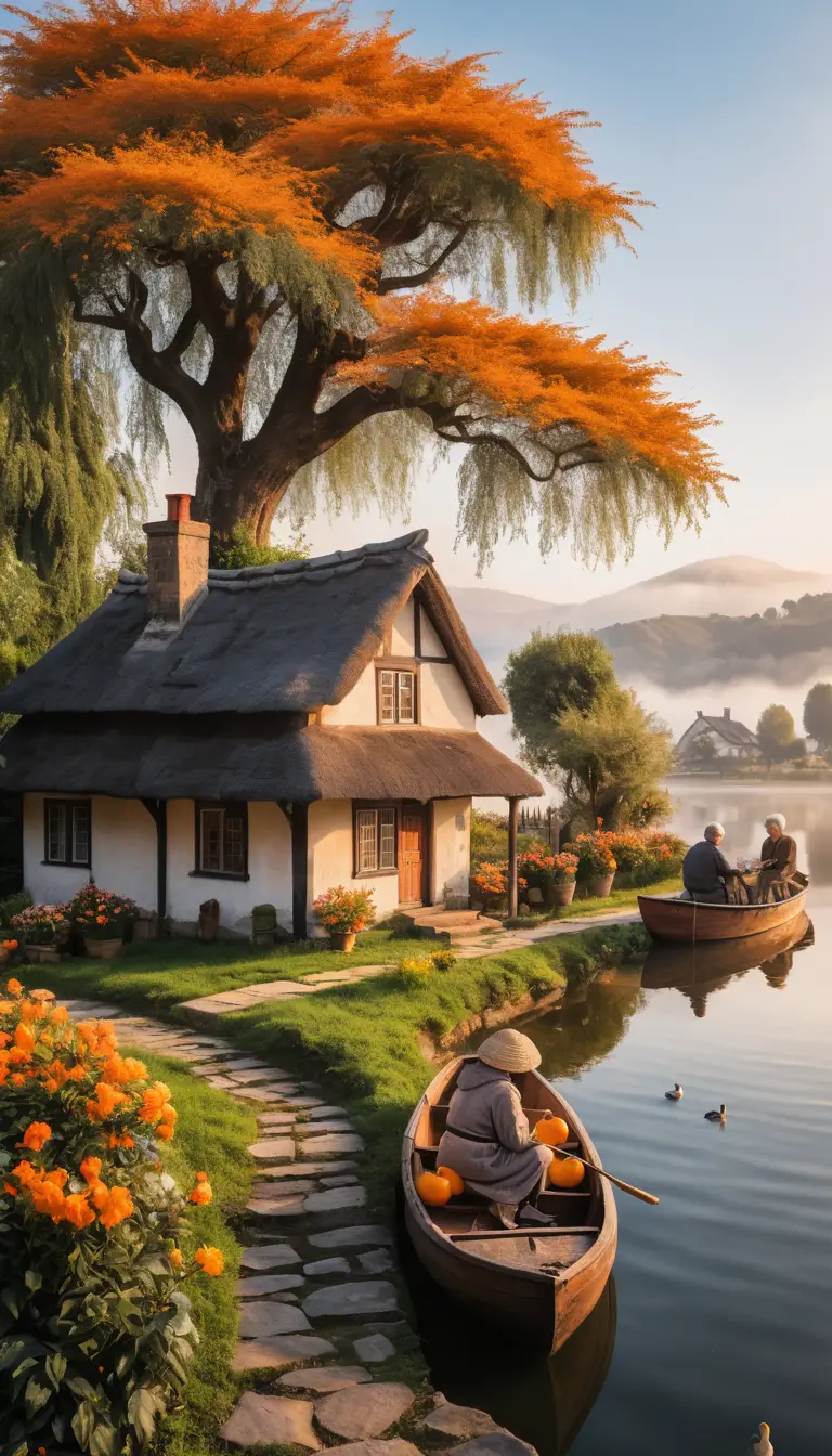 Peaceful Riverside Village At Sunrise With Elderly Couple