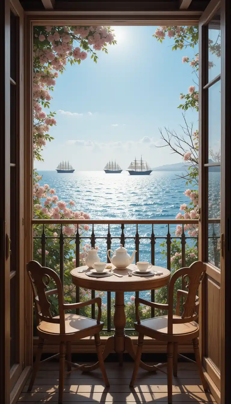 Cozy Balcony With Afternoon Tea Overlooking The Blue Sea