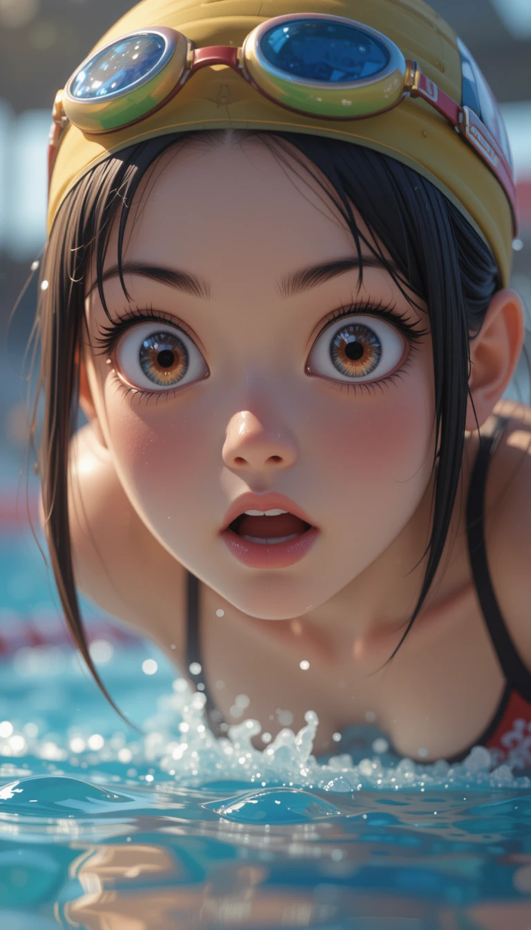 水泳レース前に集中するキュートな3Dアニメ少女