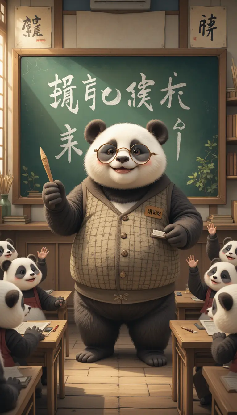 Panda teacher in a warm bamboo classroom scene