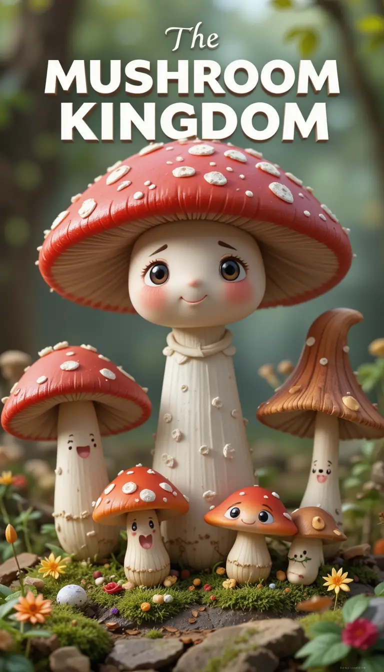 Playful clay mushroom characters in a cute fantasy kingdom