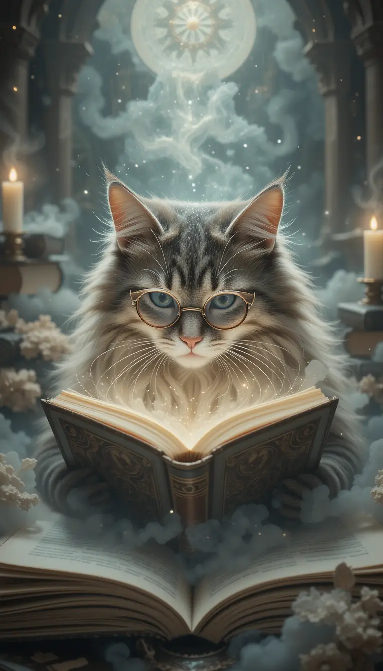 Gato erudito leyendo en una biblioteca mística luminosa