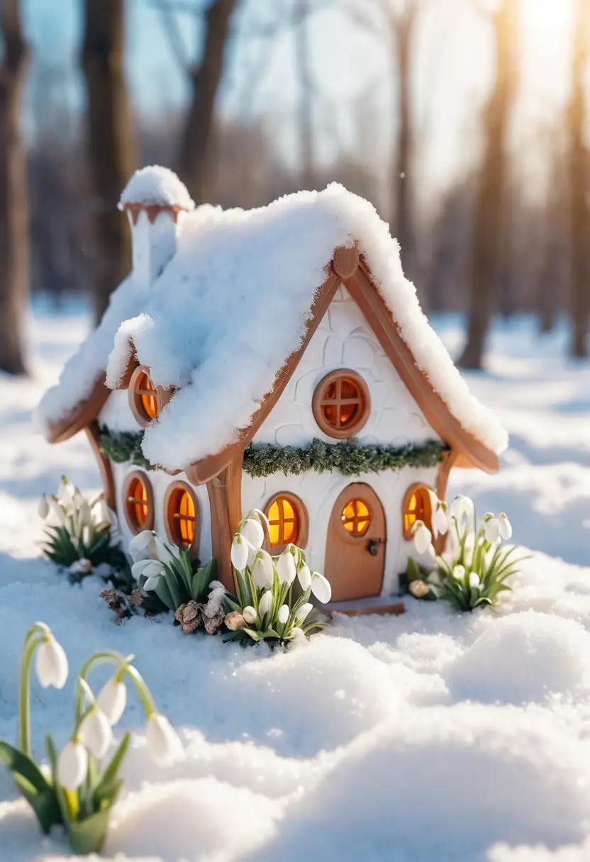 Tiny spring fairy house with glowing lights in snow