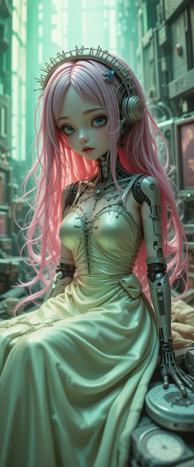 Cyberpunk anime girl doll in neon mechanical city