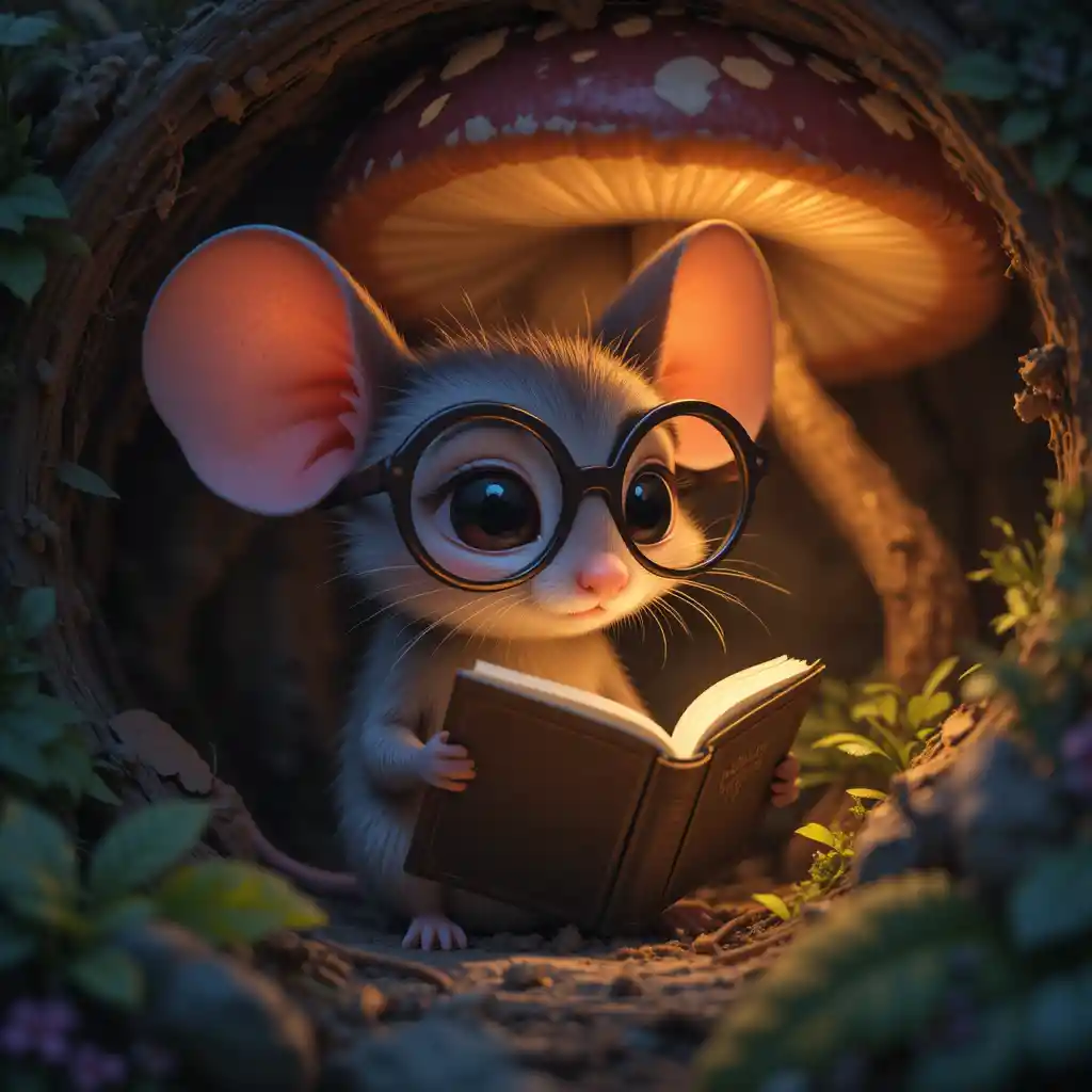 Tiny mouse reading by glowing mushroom in forest den