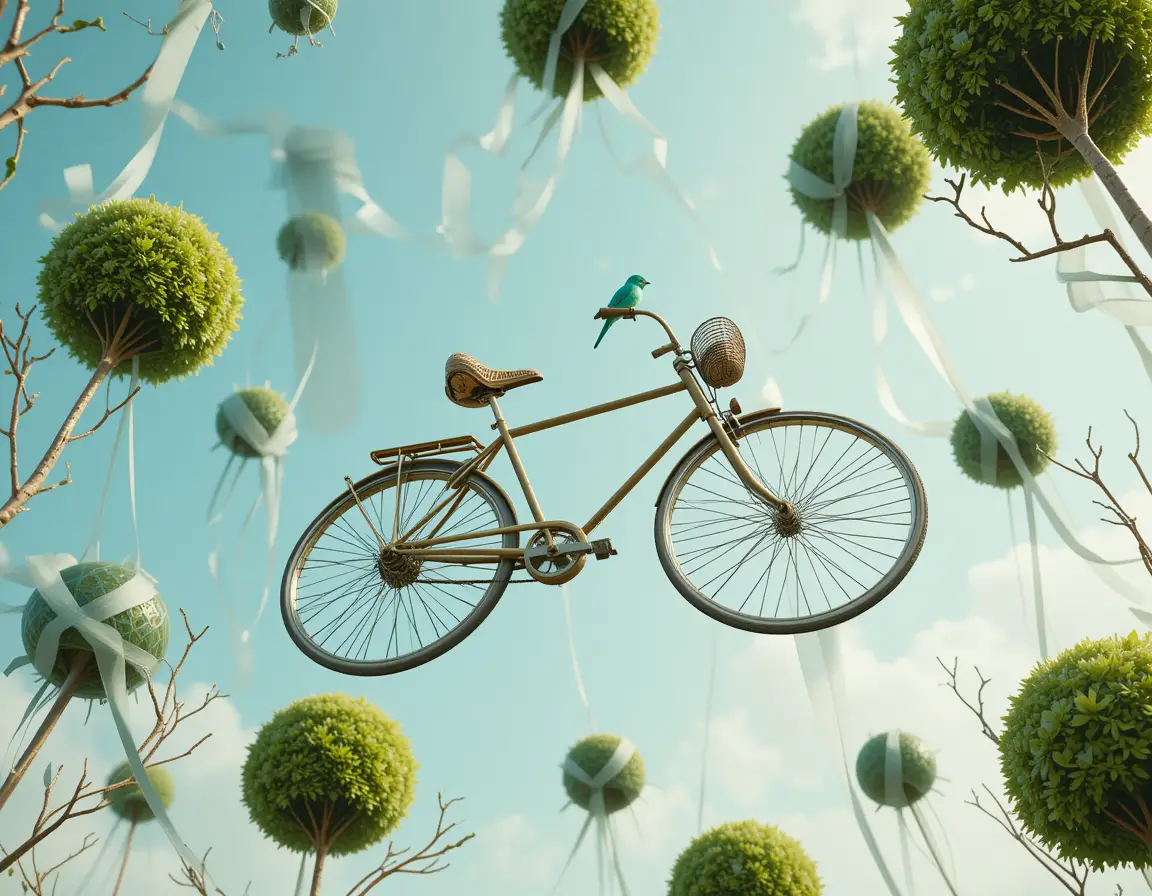 Surreal floating bicycle with green topiary spheres in sky