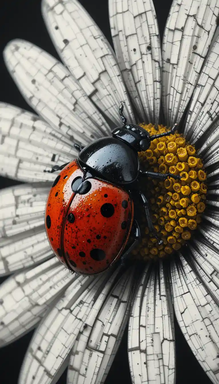 Coccinelle reposant sur une marguerite en art abstrait à l’encre