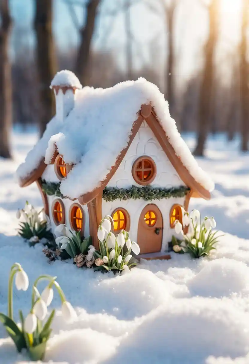 Tiny spring fairy house with glowing lights in snow