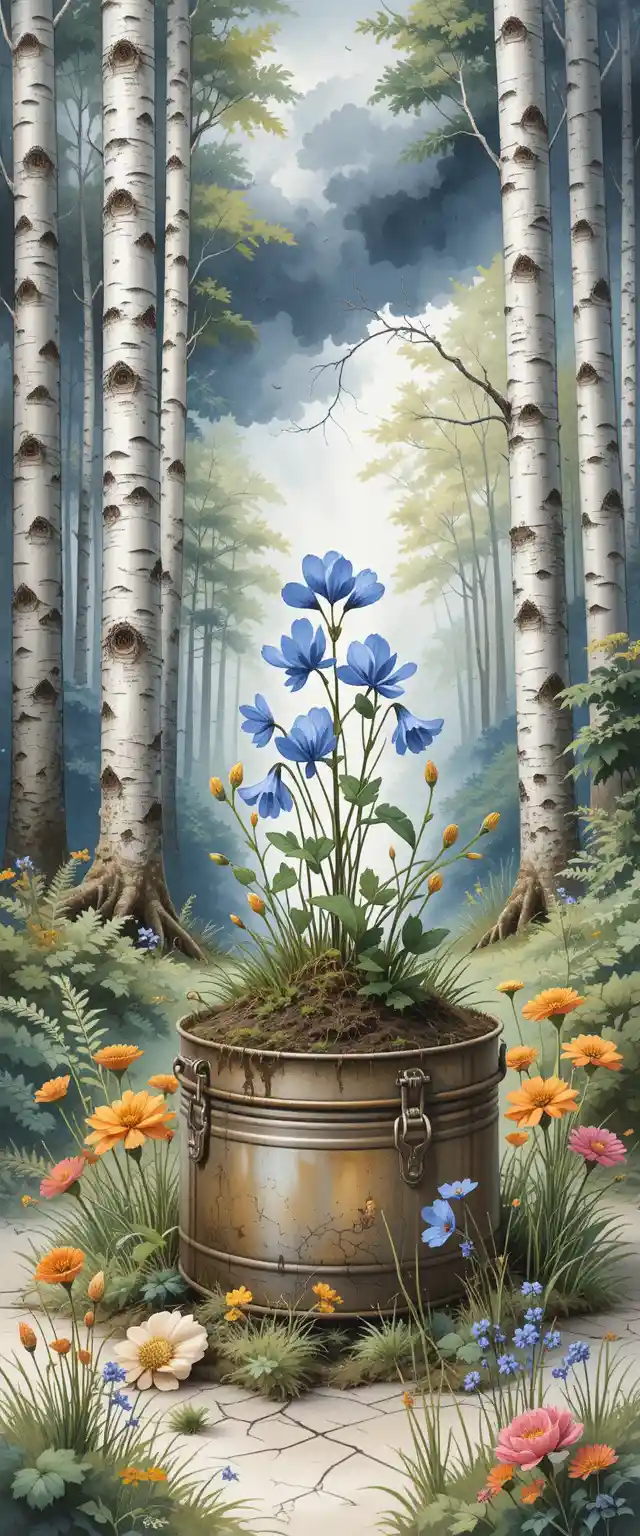 Watercolor birch forest with wildflowers in a storm