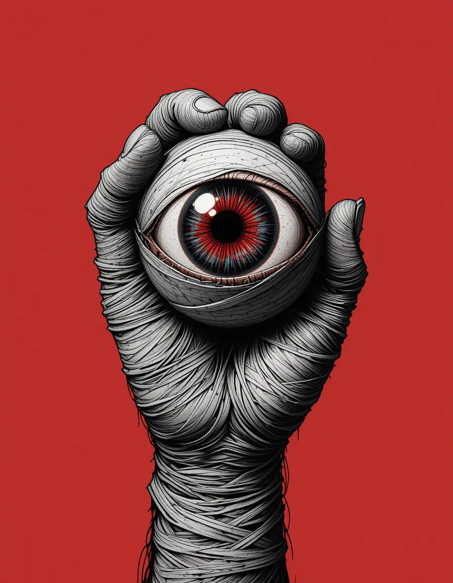 Bandaged hand holding an eyeball on red background