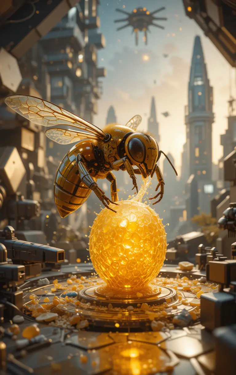 Futuristic Robot Bee Harvesting Nano Honey In Sci Fi Apiary