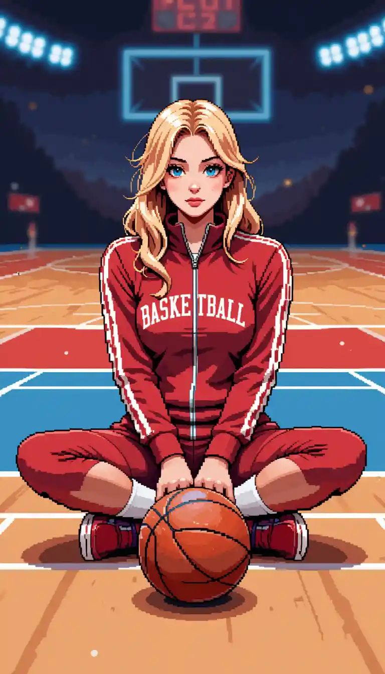 Blonde Woman In Red Tracksuit On Retro Pixel Basketball Court