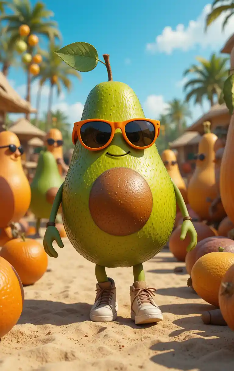 Stylish 3D Avocado Character Walking Among Summer Fruits