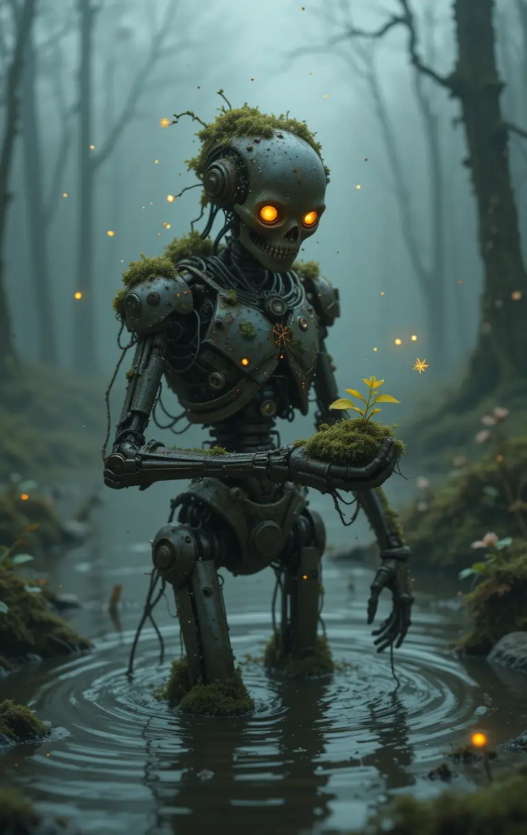 Rusty Robot Carrying A Sprouting Plant In Foggy Swamp