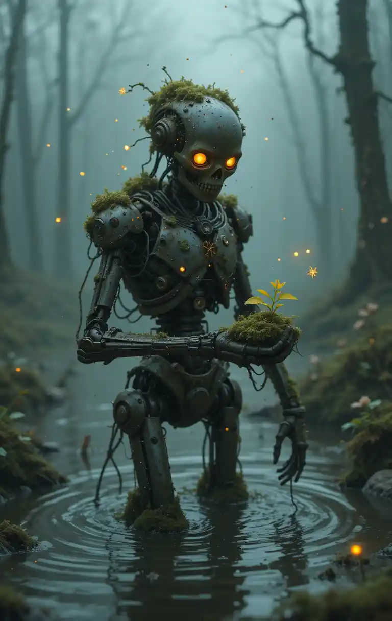 Rusty Robot Carrying A Sprouting Plant In Foggy Swamp