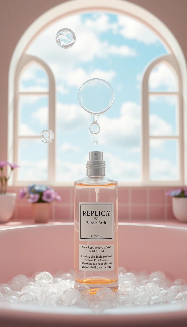 Bulles flottantes formant un flacon de parfum dans une lumière douce