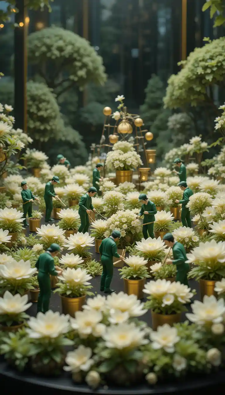 Miniature garden workers tending cream flowers in golden light