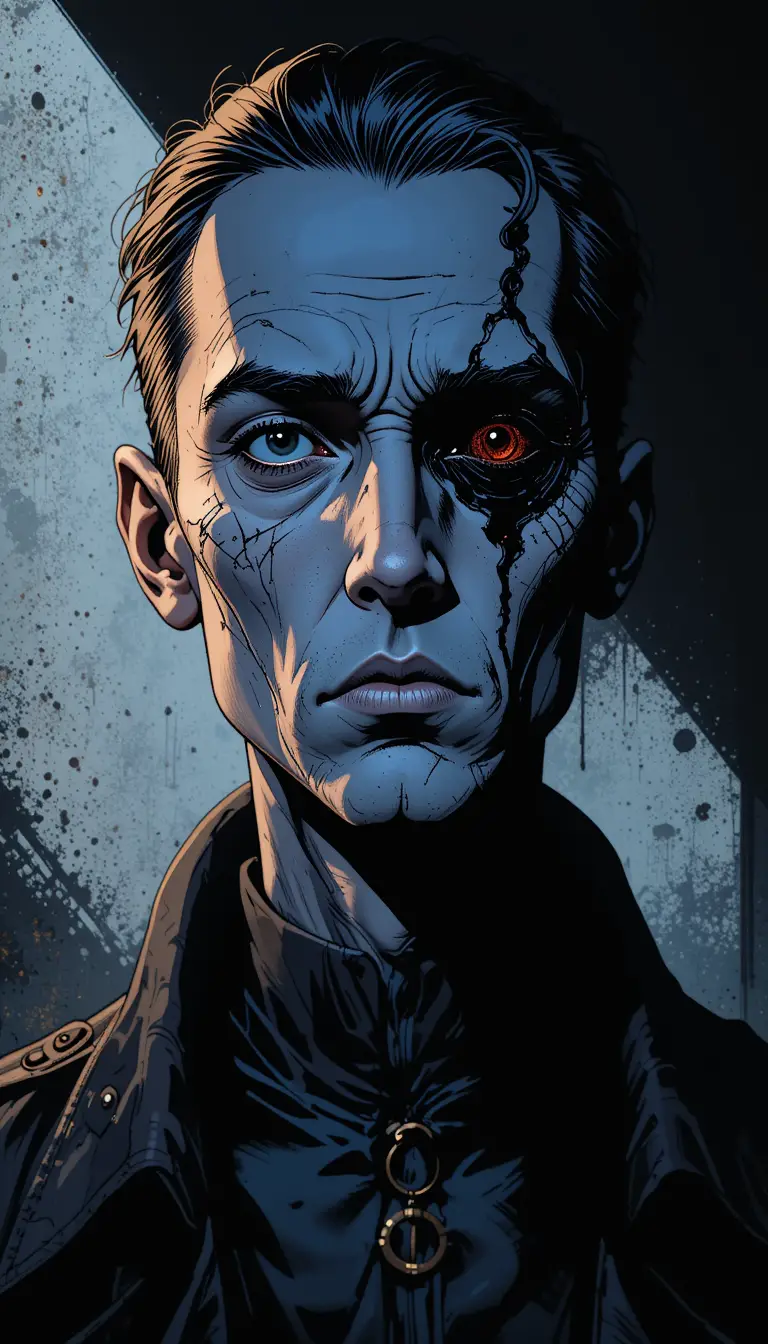 Scarred man in shadowed neo gothic close up portrait