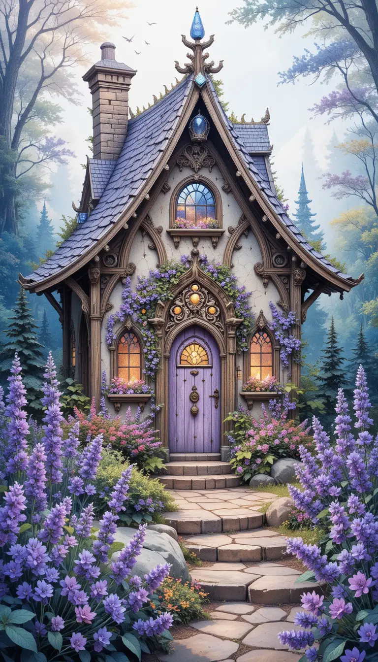 Watercolor fairy cottage with glowing gems and lavender