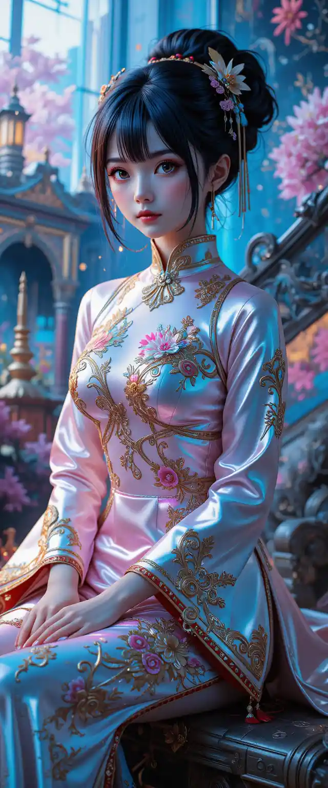 Anime girl doll sitting in ornate fantasy background