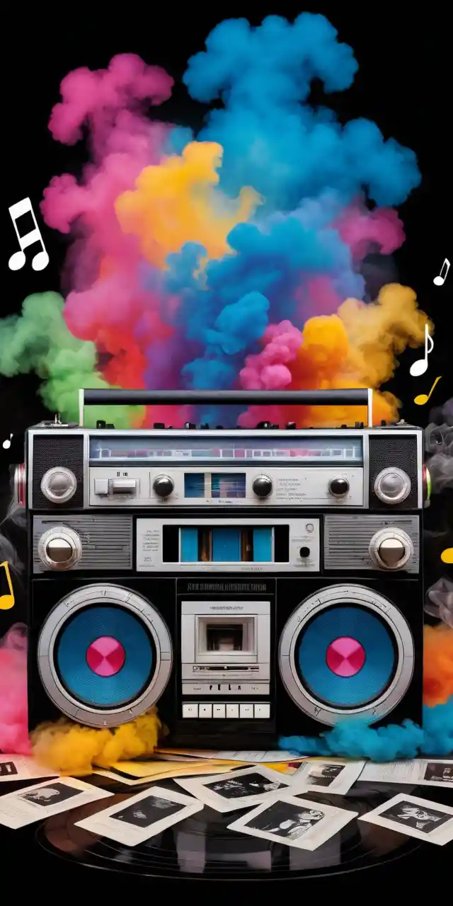 Colorful retro boombox with cassettes and records inside