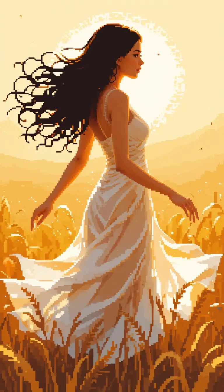 Abstract pixel art woman in a glowing golden field