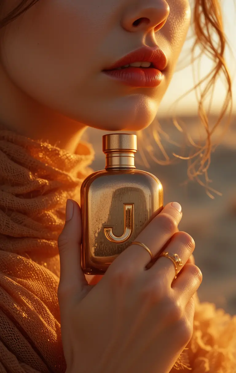 Golden hour perfume close up with bronze bottle