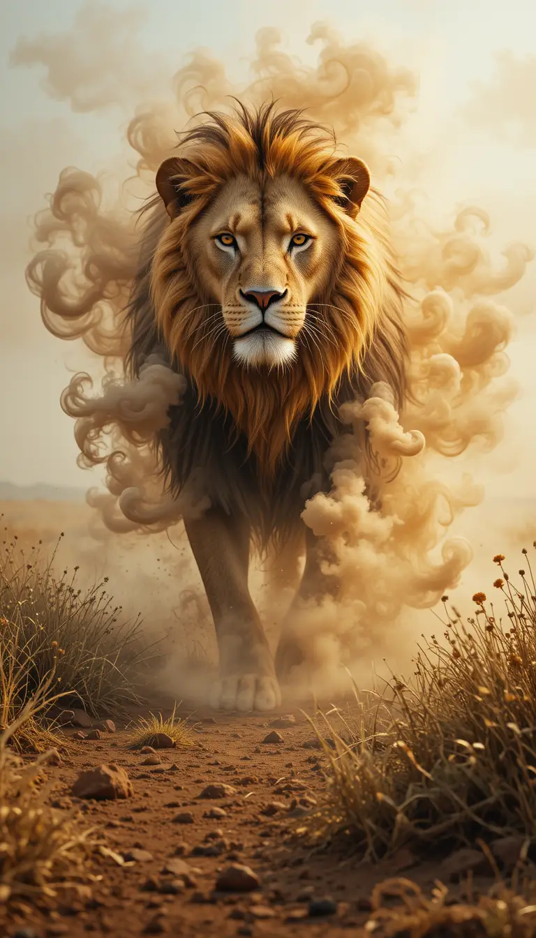 Lion emerging from swirling mist on empty savannah