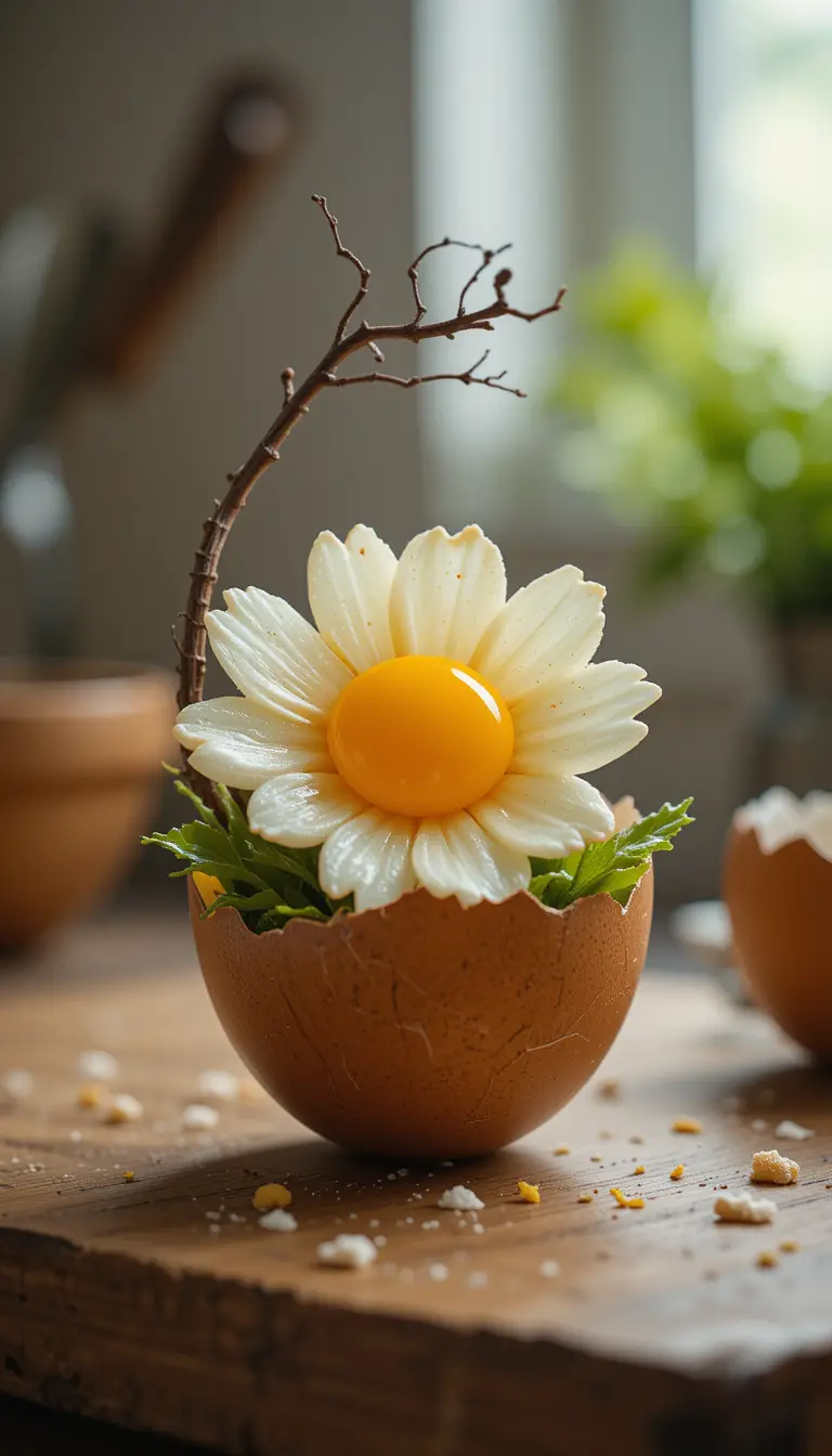 Fried Egg Daisy In Broken Eggshell On Rustic Countertop
