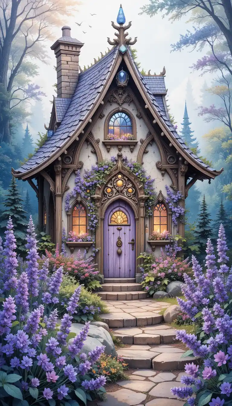 Cottage delle fate ad acquerello con gemme luminose e lavanda