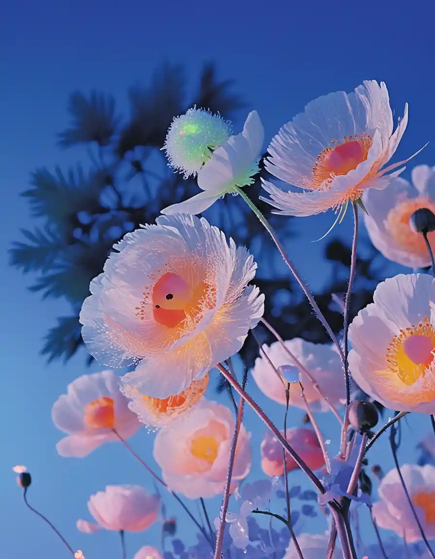 Delicate Pink And White Flowers Against Blue Sky