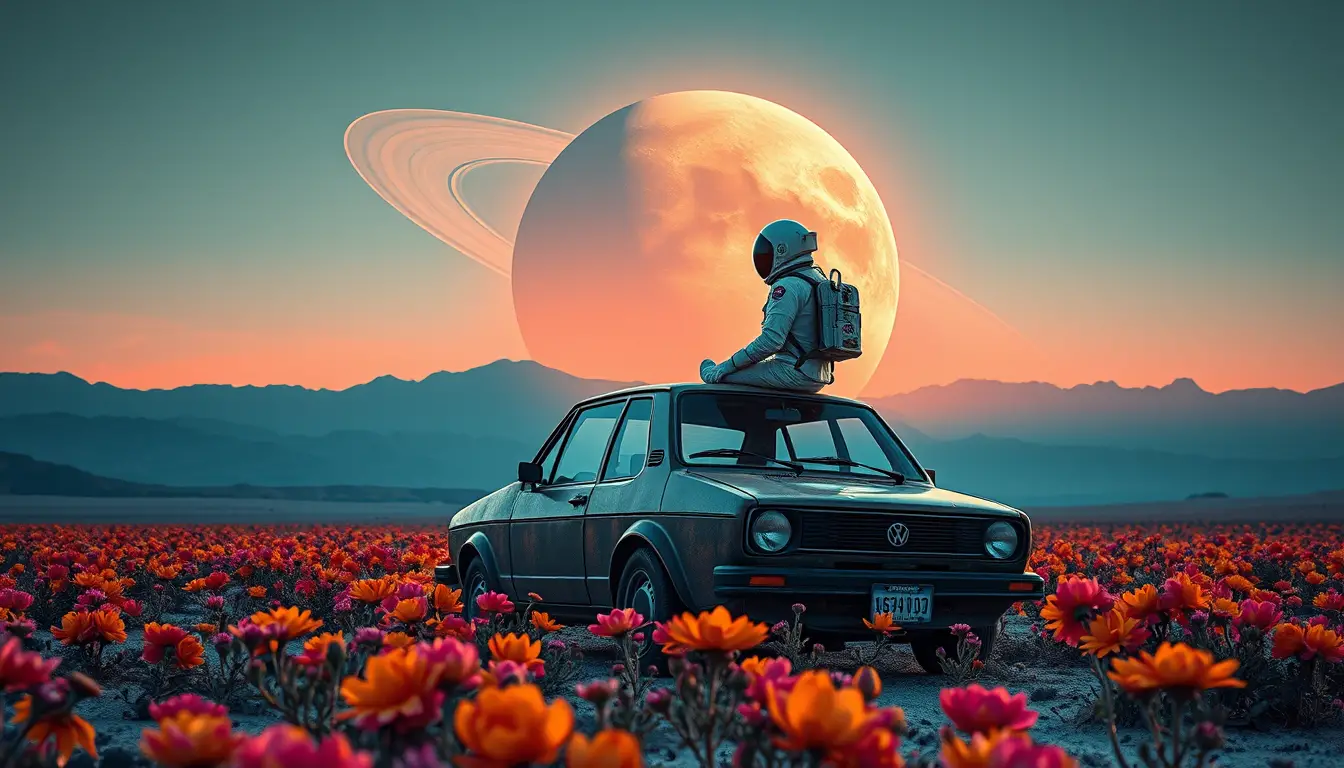 Astronaut Resting On Car In Alien Flower Field
