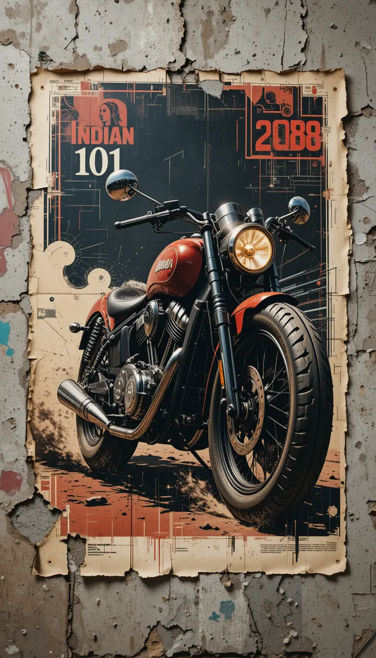 Retro futuristic motorcycle poster on vandalized brutalist wall