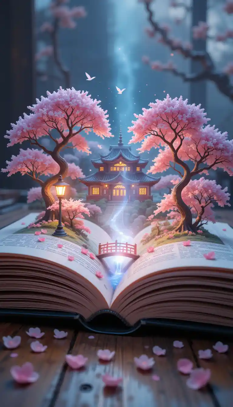 Open book transforming into magical japanese temple landscape