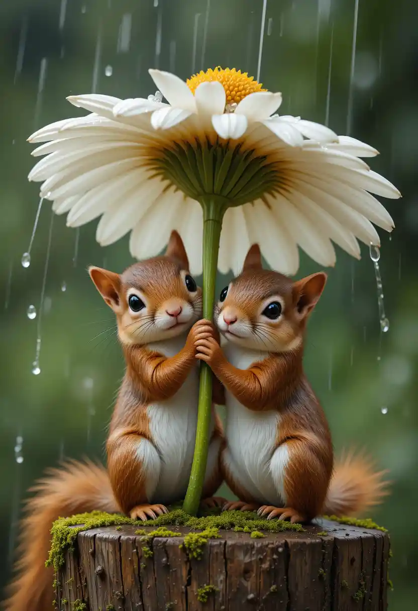Two little squirrels sharing a daisy umbrella in the rain