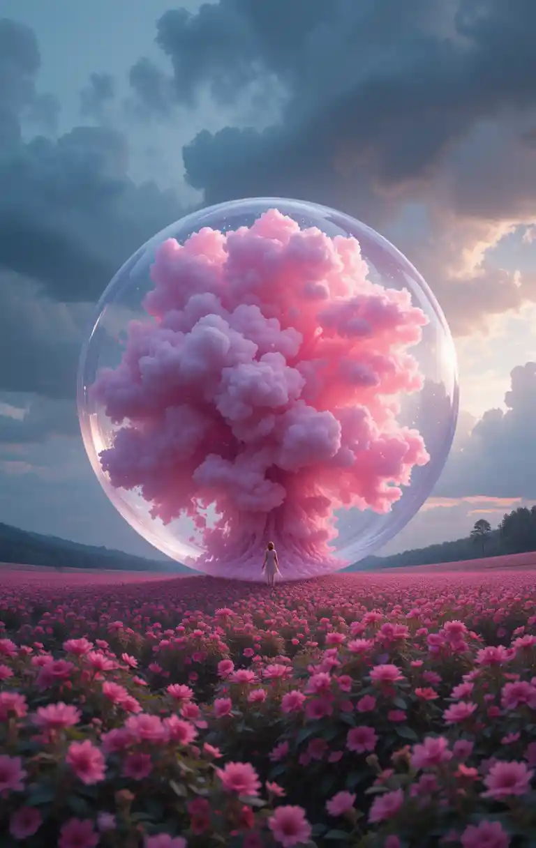 Pink liquid swirling inside a floating glass sphere