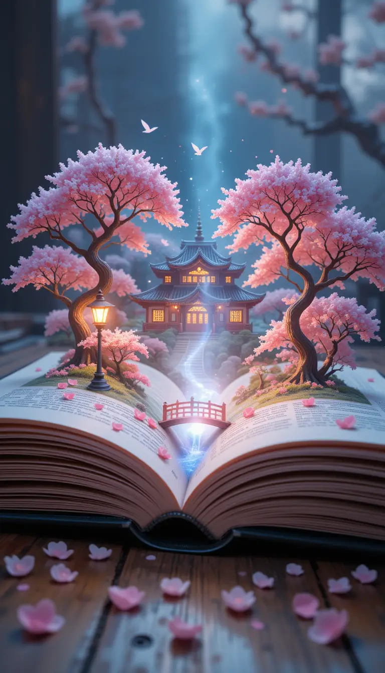 Open book transforming into magical japanese temple landscape