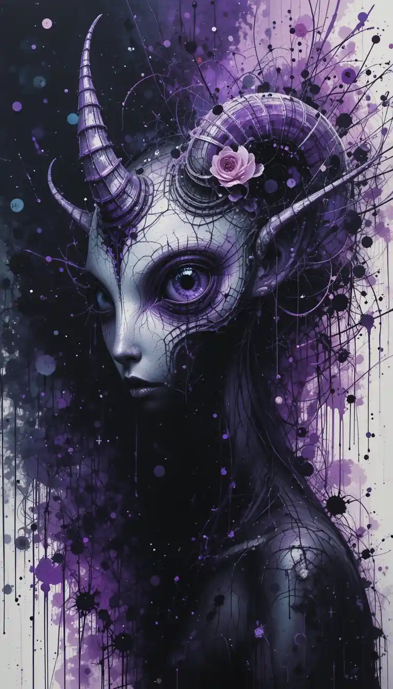 Surreal One Eyed Horned Creature On Dark Abstract Canvas