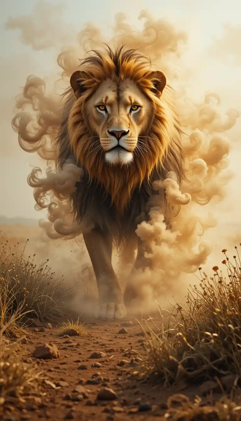 Lion emerging from swirling mist on empty savannah