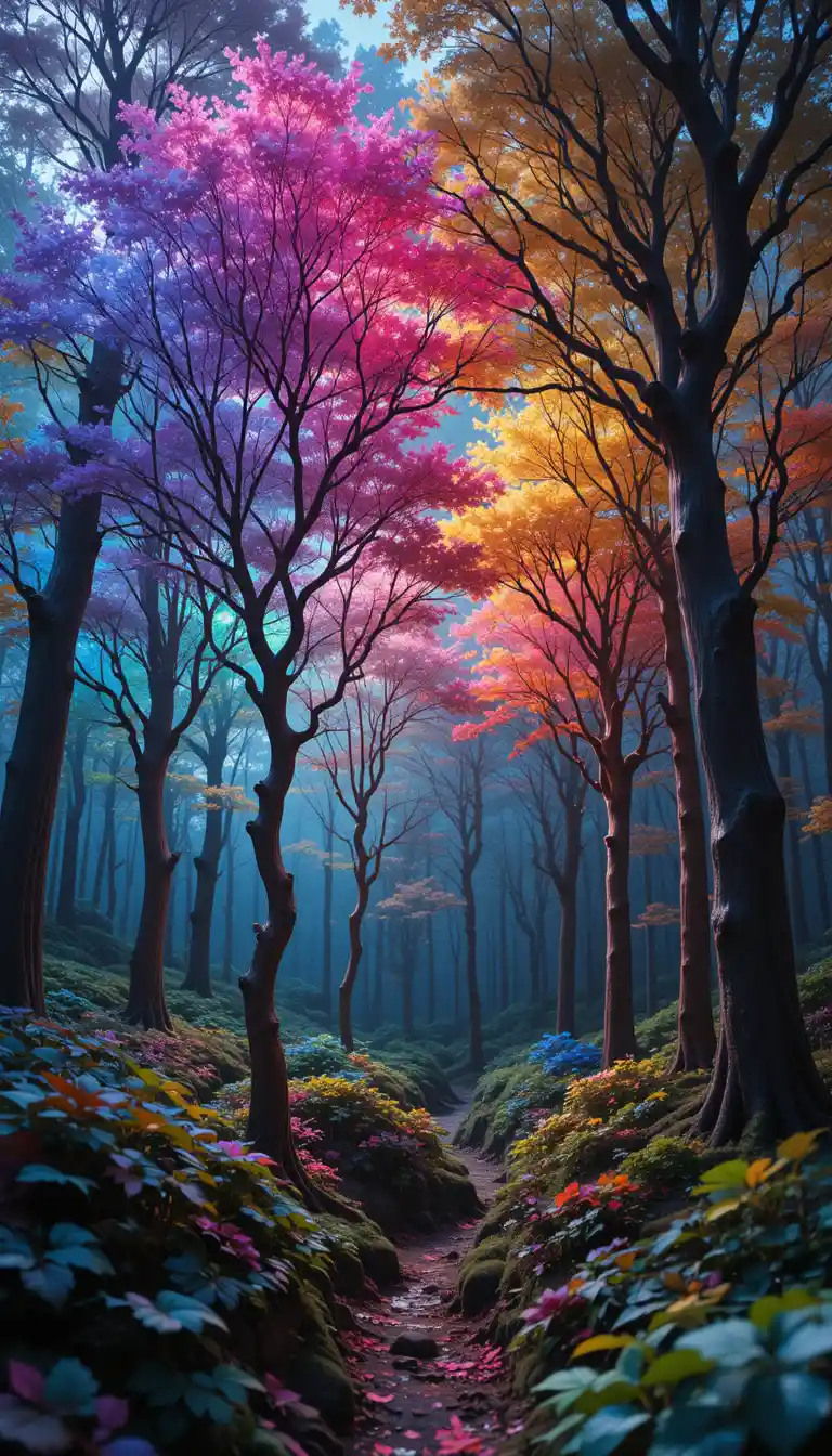 Surreal prismatic forest of paintbrush trees in nature