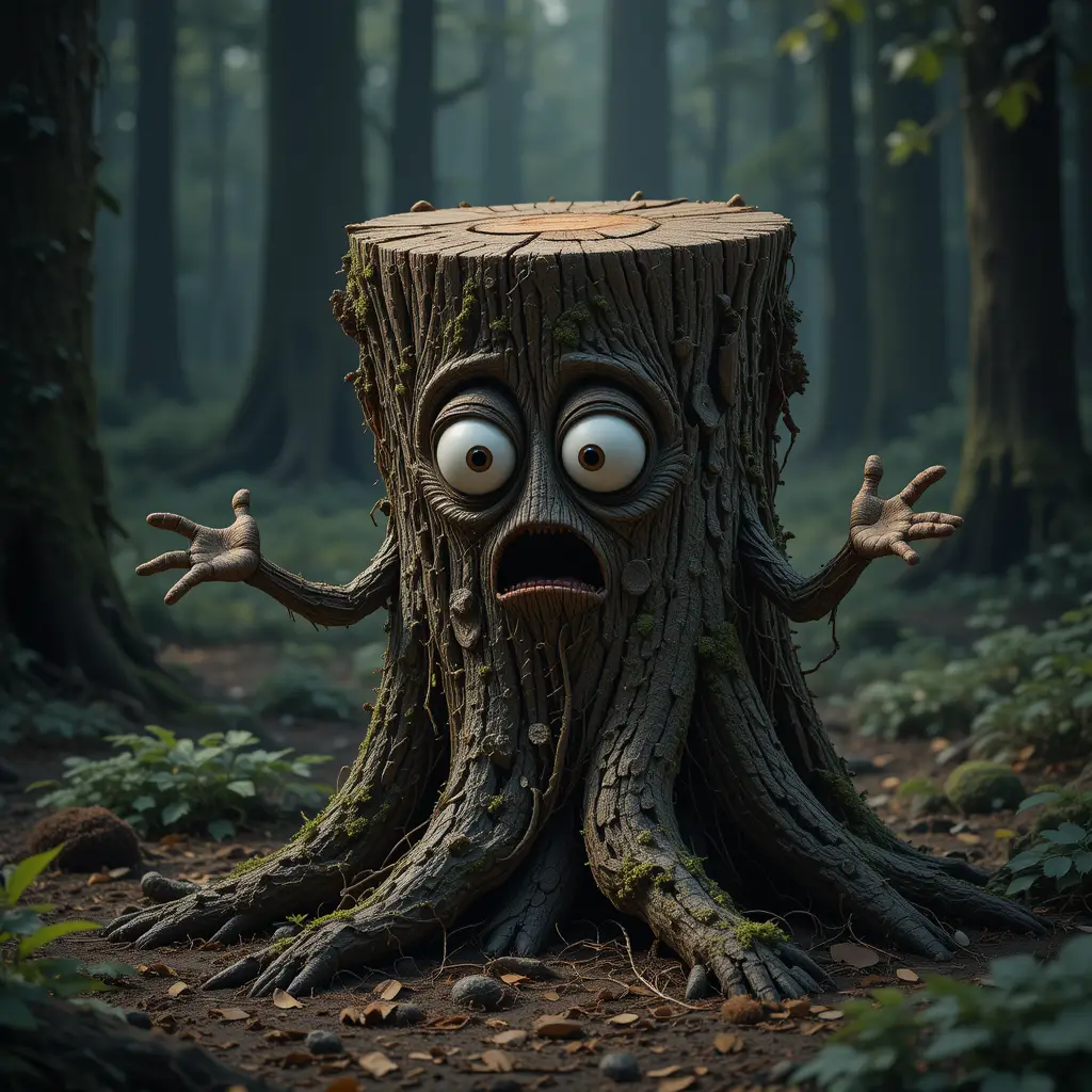 Living tree stump with eyes in a dark forest scene