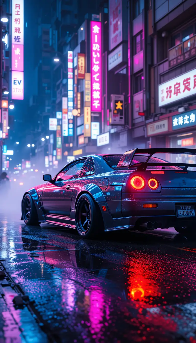 JDM sports car drifting on neon Tokyo street at night