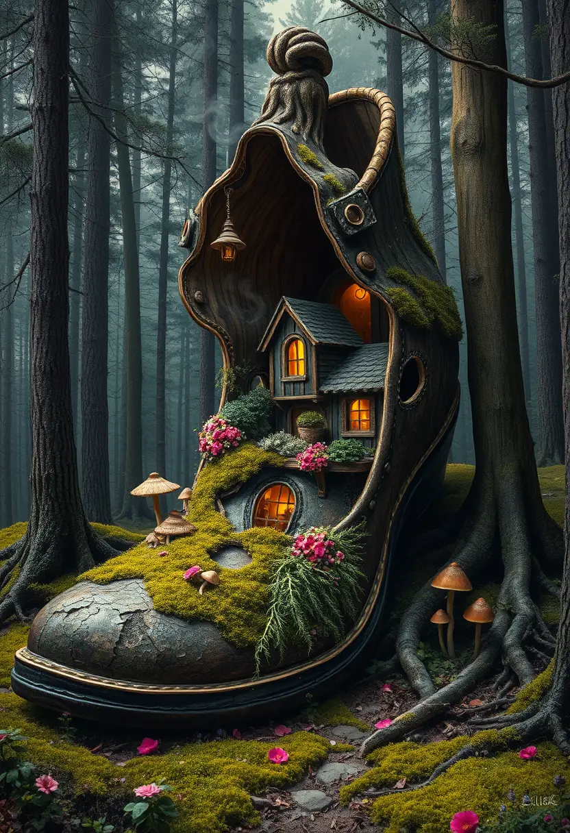 Giant old shoe house in a mossy fantasy forest
