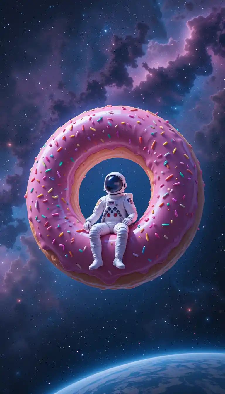 Astronaut Resting Inside A Pink Frosted Donut In Space