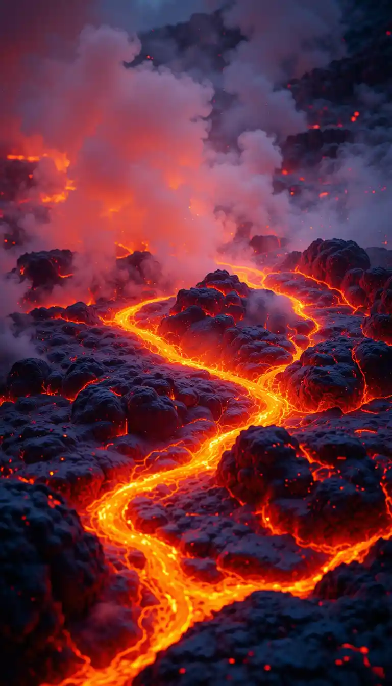 Glowing lava meeting rising steam in a volcanic landscape