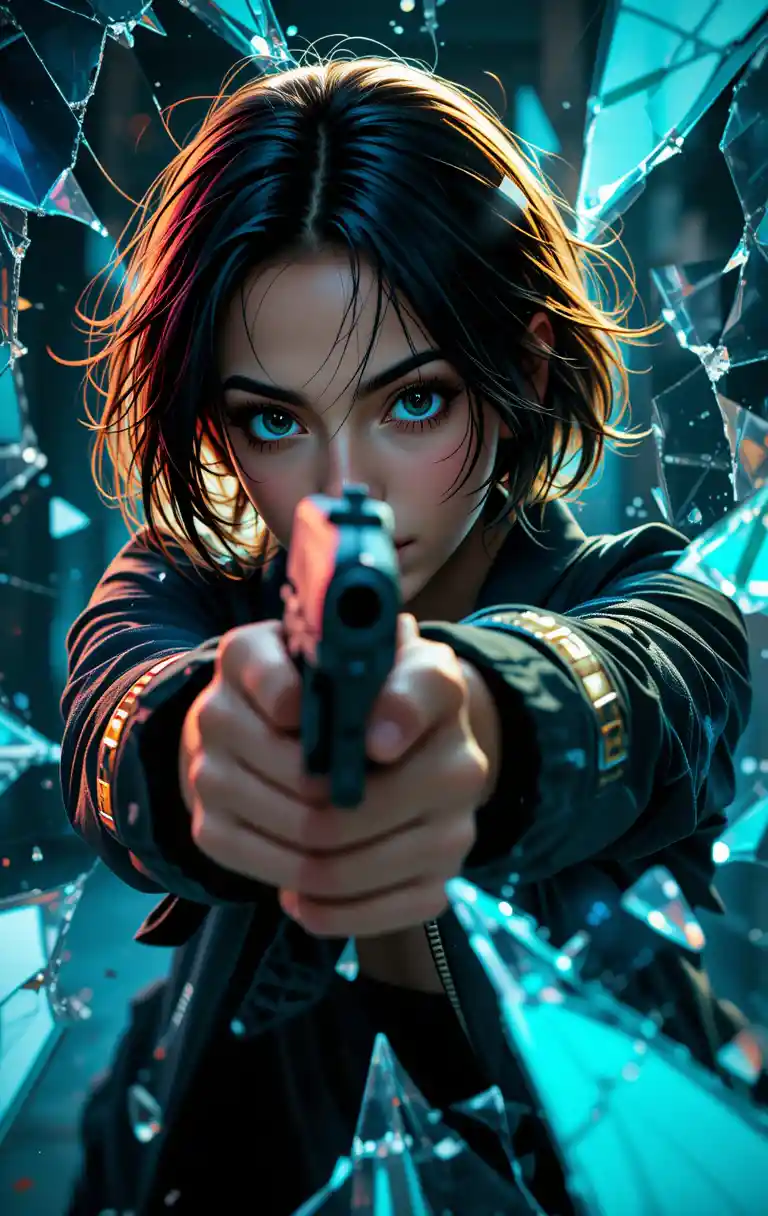 Anime girl aiming a gun through shattered glass