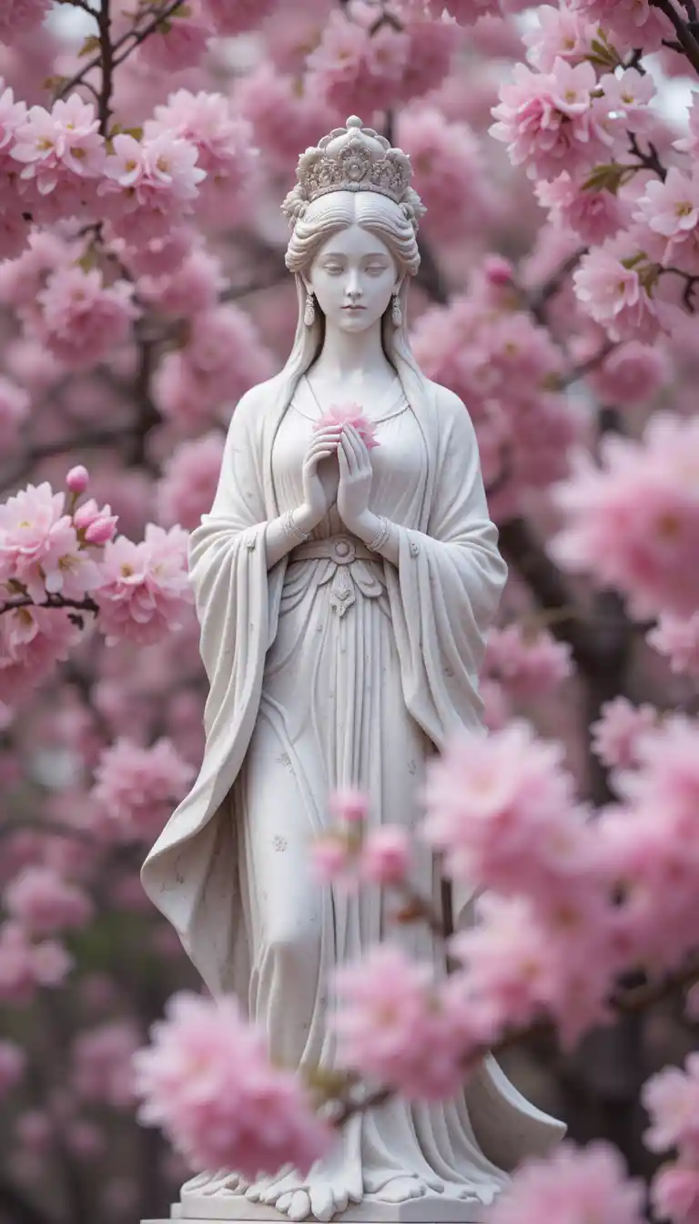 Statue Of Spring Goddess Among Blooming Cherry Blossoms