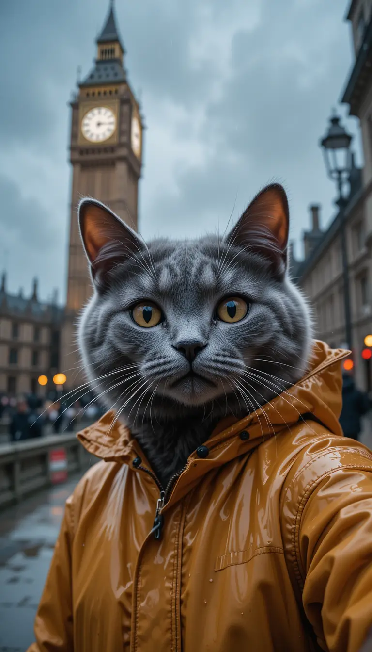 Gray cat taking a selfie in front of Big Ben